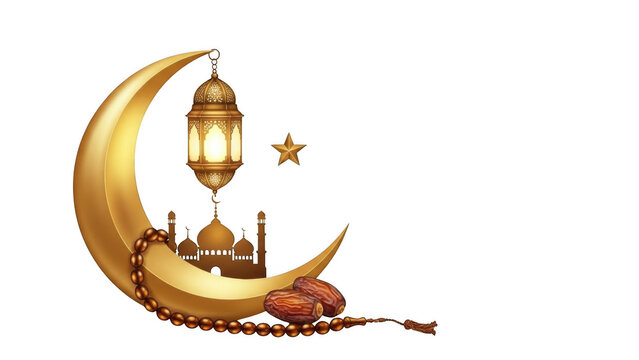 Golden crescent moon with lantern mosque and dates for ramadan greeting card