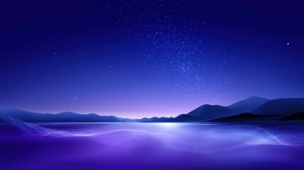 Serene night landscape with starry sky over tranquil water and distant mountains illuminated by soft purple and blue hues, creating a calming atmosphere