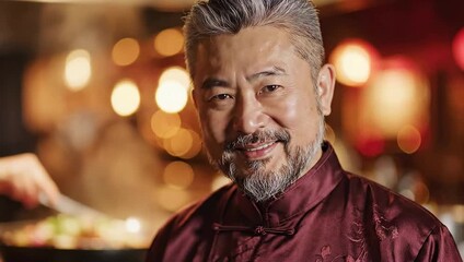 Portrait of a Smiling Asian Chef in a Restaurant Setting.