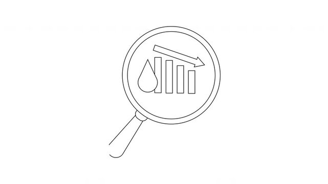 A magnifying glass zooms in on a graph with a falling arrow and a water droplet symbol all in a minimalist line art style