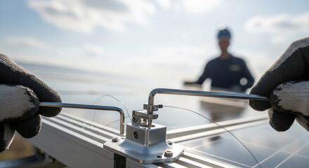 Worker's gloved hands making crucial adjustments to a solar panel mounting system, highlighting the detailed work involved in building clean energy infrastructure