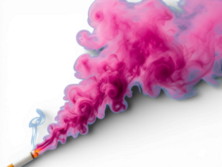 A cigarette emitting a vibrant pink smoke on transparent background