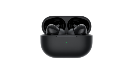 Black wireless earbuds in charging case isolated on transparent background