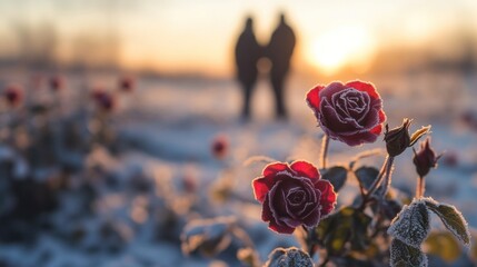 Two red roses covered in frost are in focus in the foreground, with two blurred figures holding hands in the background, illuminated by the warm glow of the setting sun