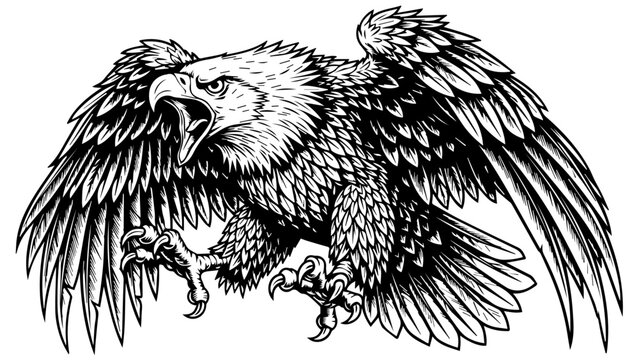 A vintage black tribal vector illustration of a wild eagle head tattoo design featuring an animal silhouette with detailed feathers and a sharp beak as the bird sits amidst the nature snow