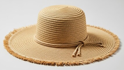 Wide brimmed straw hat with frayed edge and tie detail for sun protection