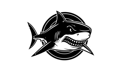 Vector illustration of a blue marine warrior silhouette holding a sword alongside a tattoo style shark skull icon isolated on a white underwater nature background