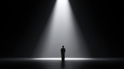Individual Standing Under Dramatic Spotlight in Dark Space, Symbolizing Isolation, Reflection, and the Search for Meaning in Life's Journey
