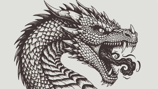 Ancient oriental black dragon head silhouette vector art inspired by Chinese mythology and Japanese tattoo design as a powerful fantasy animal symbol of Asian culture