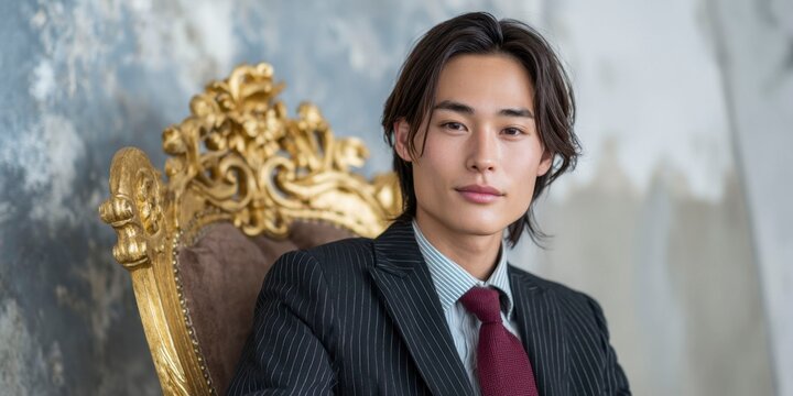a handsome japanese man in a black pinstripe suit and red tie, sitting on an ornate, throne like chair with gold baroque accents.