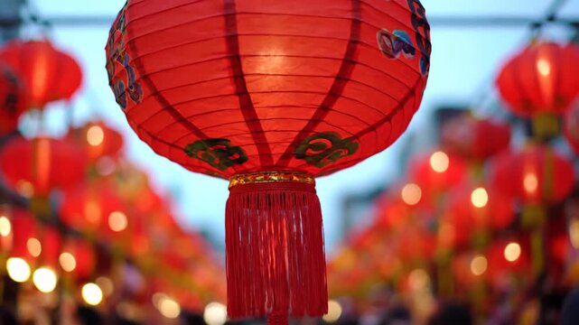 Close-up of a red Chinese lantern at a festival.
