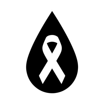 Minimalist black and white icon featuring a blood drop combined with an awareness ribbon. Perfect for blood test services, medical diagnostics, and HIV/AIDS awareness campaigns.