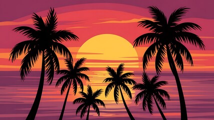 Obraz premium A serene digital art illustration of a tropical sunset with palm trees by the ocean