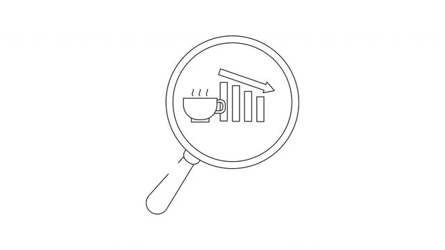 Magnifying glass enclosing a coffee cup next to a descending bar graph and arrow