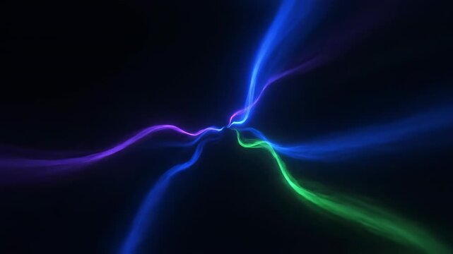 A smooth blue lightning bolt creates a flowing pattern of electric energy against the black night sky, illustrating a powerful motion of light and texture