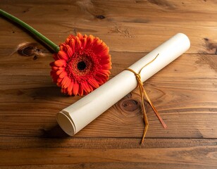 木製デスクに置かれた卒業証書と一輪のガーベラ 卒業と感謝のイメージ（生成AI）