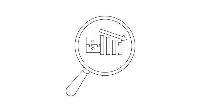 Magnifying glass focusing on puzzle pieces bars and a declining arrow