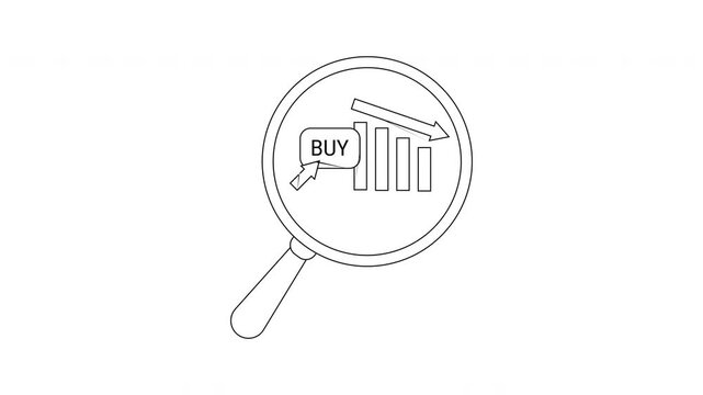 Magnifying glass focuses on a declining bar graph with a BUY prompt indicated by an arrow