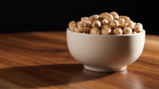 Smooth studio dolly shot capturing a neat ceramic bowl of shelled raw peanuts sliding across a polished dark wooden surface selective focus, texture, brown