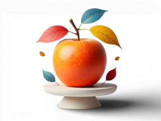 A vibrant orange apple with colorful leaves on a white pedestal on transparent background