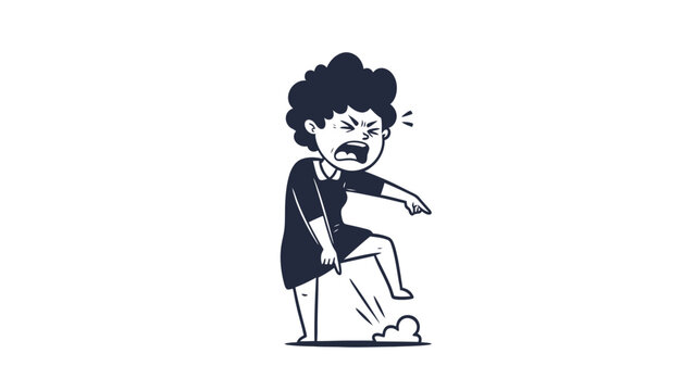 Cartoon man with angry expression seated on a stool.