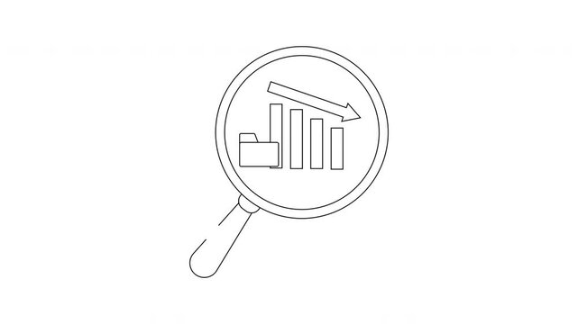 Magnifying glass over a decreasing bar graph and a document icon with a descending arrow