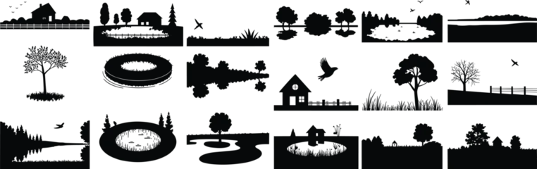 Fotobehang Zwart Rural landscape silhouette collection featuring houses, trees, ponds, fences and birds in black vector style for countryside nature and outdoor design projects  © Hello there