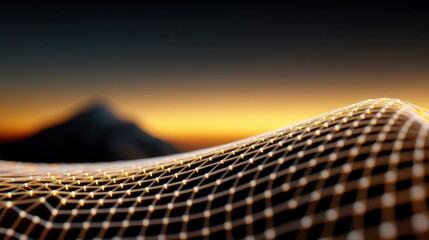 Abstract digital landscape with glowing grid pattern and soft gradient in the background showcasing depth and lighting at sunrise or sunset