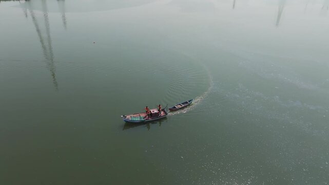 drone shot of fishing boat in arabian sea near atal setu mumbai