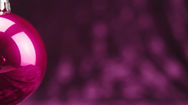 Smooth sweeping cinematic dolly shot gliding past a perfect glossy hot pink ornament with deep purple soft focus background and ample copy space display, commercial, abstract