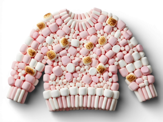 A creative pink sweater made of marshmallows and candies on transparent background