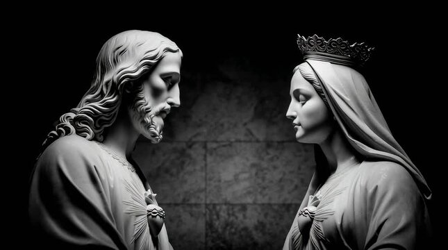 Sacred Hearts of Jesus and Mary Symbolic B&W Illustration