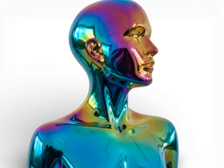 A shiny, iridescent humanoid figure with a bald head and colorful metallic skin on transparent background