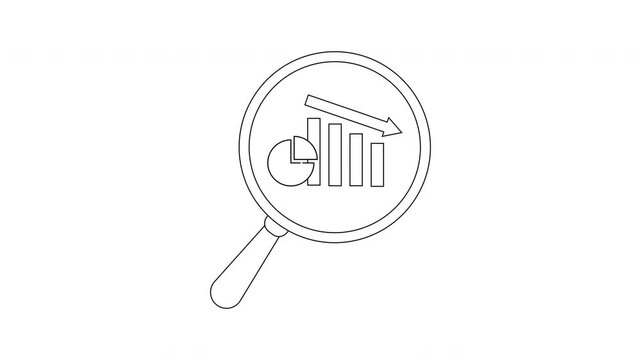 Outline image of a magnifying glass focusing on a pie chart bar graphs and a downwardpointing arrow