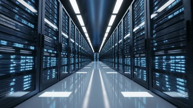 Smooth sweeping internal drone-like shot gliding along a vast row of silent server racks blinking with operational blue LED lights inside a massive high-tech data center coding, shot, internal
