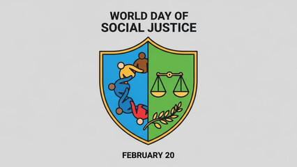 World day of social justice shield logo with people and scales of justice on february 20