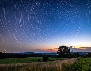 Long exposure captures celestial sphere's rotation over rural landscape