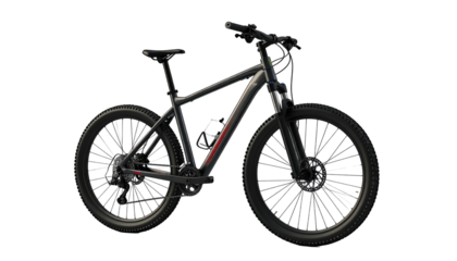 Sleek, matte black mountain bicycle with red accents, front view