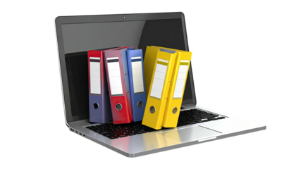 A laptop displays virtual files, represented by physical colored binders