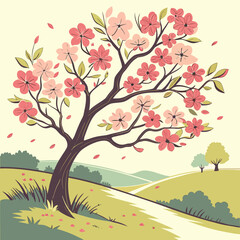 A blooming cherry blossom tree overlooks a winding path in a peaceful landscape