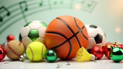 Vibrant sports balls and festive ornaments with musical notes, blending sports, holidays, and music in a colorful composition.