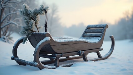 Snow-covered wooden sleigh with frosted pine branches, serene winter landscape at dawn. Perfect for holiday decor and cozy winter vibes.