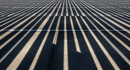 Captivating interplay of long, parallel shadows cast across a textured asphalt surface, reminiscent of a vast solar farm's precise alignment and the transformative power of sunlight