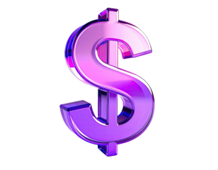 A 3D rendered, shiny dollar sign in shades of purple and pink