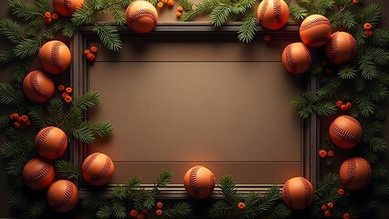 Vintage baseball frame with pine branches, orange berries, and classic baseballs. Perfect for sports decor or holiday themes.
