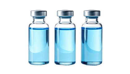 Three transparent vials filled with blue liquid, capped, and upright