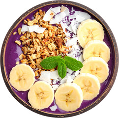 Acai smoothie bowl with granola and fruits isolated on white