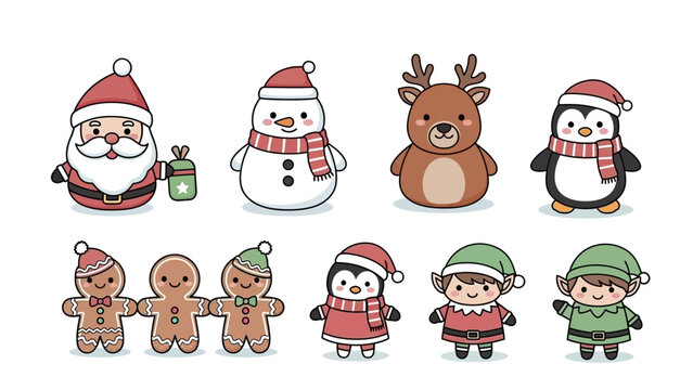 Kawaii Christmas Characters Collection: Santa, Snowman, Penguin, Reindeer, and Elves Illustration Set
