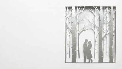 Couple silhouette papercut art romantic forest scene minimal white background tender love concept poetic design