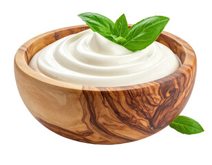 Creamy, white swirl in a wooden bowl, garnished with fresh green basil